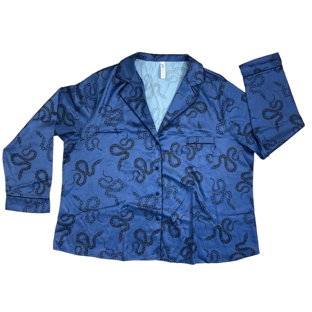 WOLF & WHISTLE Snake Print Long Sleeve Satin Pajama Top Blue Sz 16 NWOT flaw